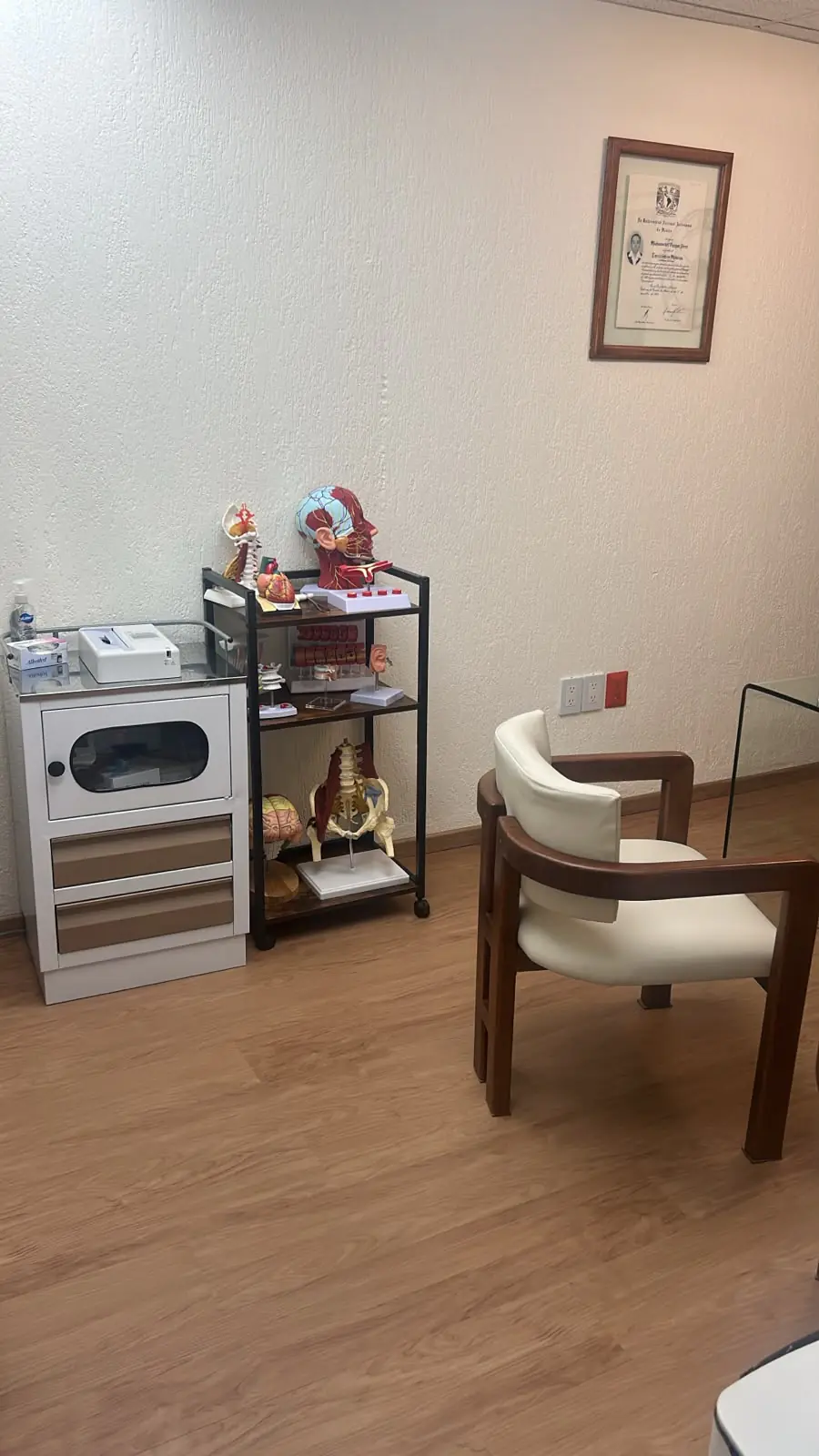 Mueble con modelos anatómicos y silla para pacientes en el consultorio de medicina interna del Pedregal