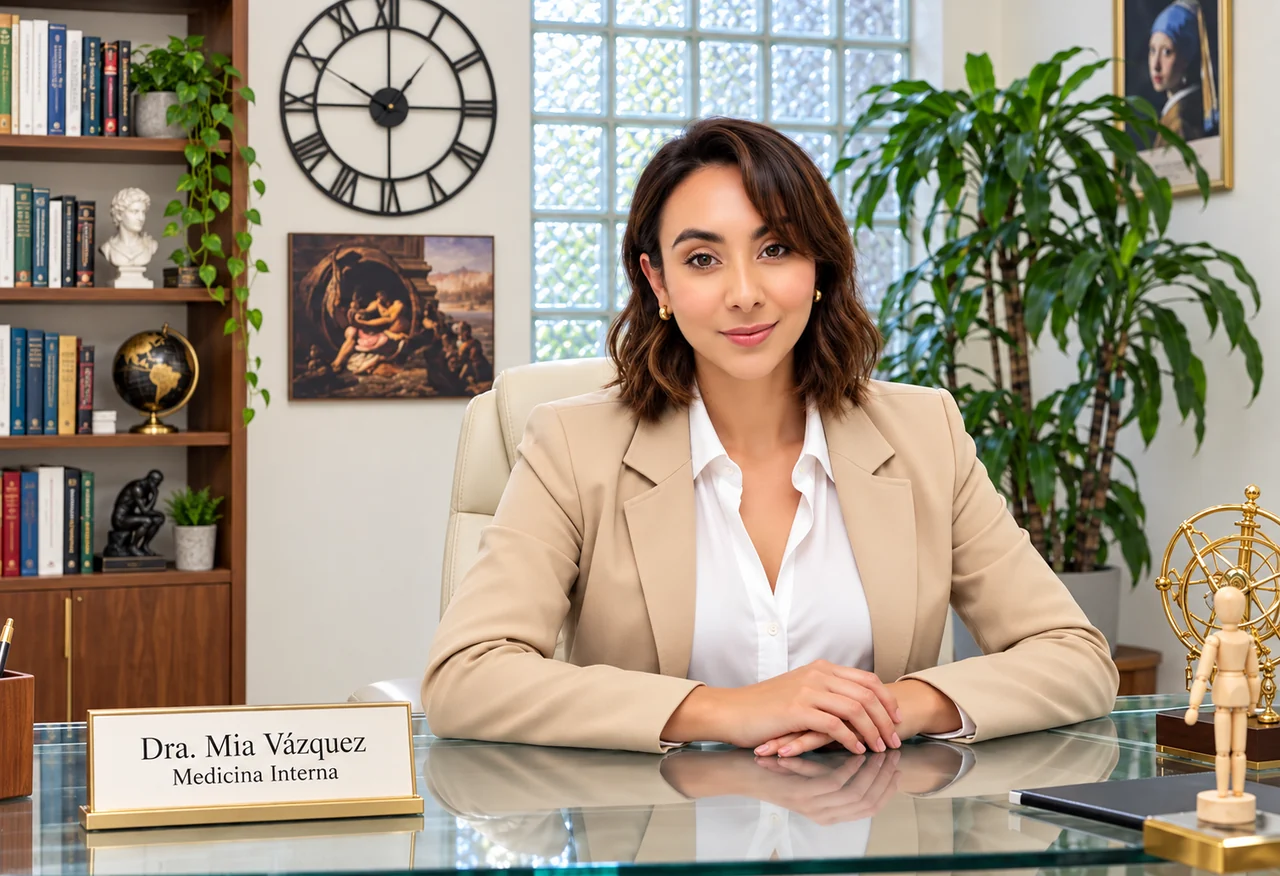 Dra. Mia Vázquez, médico internista en Tlalpan, CDMX, sentada en el escritorio de su consultorio de Medicina Interna