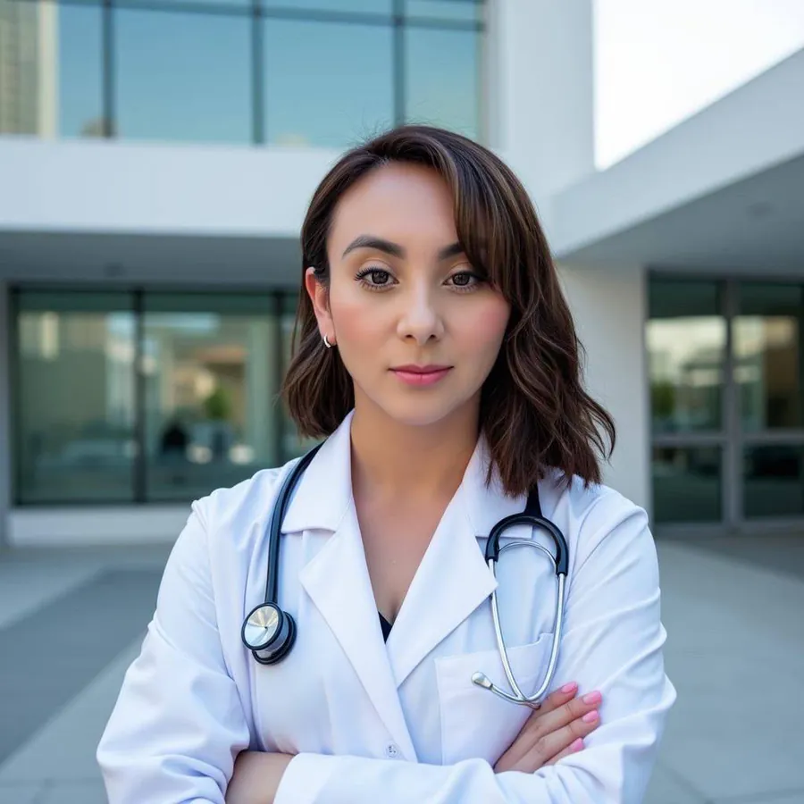 Dra. Mia Vázquez, médica especialista en Medicina Interna, con bata blanca y estetoscopio